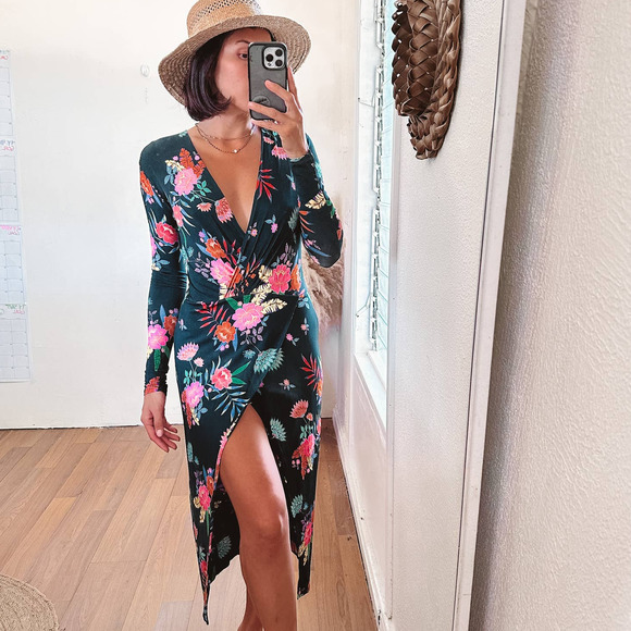 REVOLVE Floral Midi Dress - Black and Pink - Picture 1 of 11